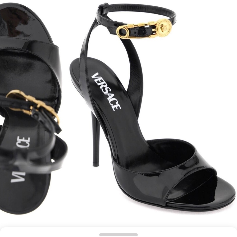 Versace Safety Pin Glossy Black Pump with Gold Accent